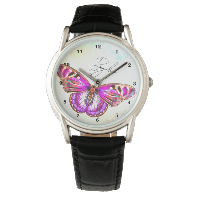 Montre Belle illustration de papillon rose Nom personnali (devant)