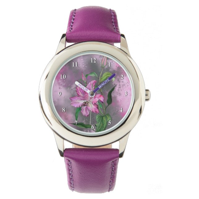 Montre Belle Peinture de lys rose violet (devant)
