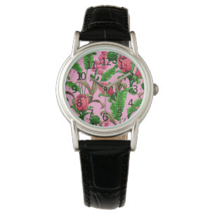 Montre Belles feuilles vertes tropicales avec fleurs roug