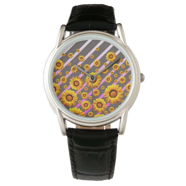 Montre Belles fleurs jaunes sur gris, rayures roses (devant)