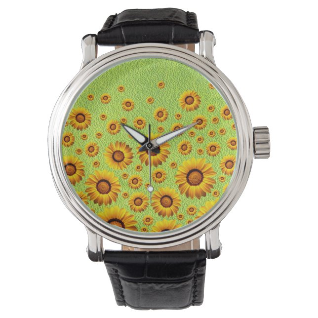 Montre Belles fleurs jaunes sur vert abstrait (devant)