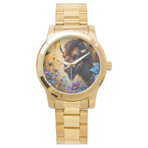 Montre Bison américain dans un portrait de fleur texturée