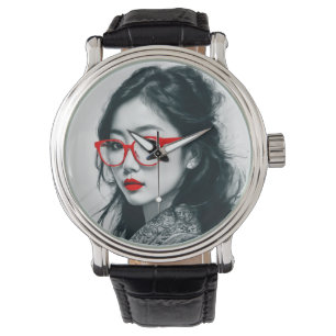 Montre Black Blanc Asiatique Portrait Lèvres Rouges Et Ve