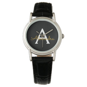 Montre Black Gold Modern Script Nom du monogramme de la f
