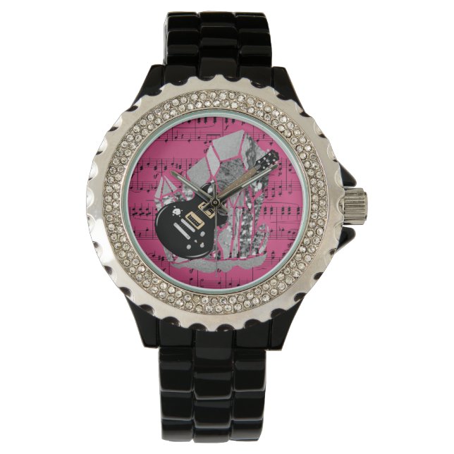 Montre Black Guitare Pink Sheet Music Silver Crystal (devant)