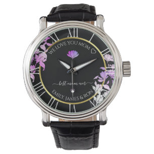 Montre Black Purple Floral Custom Love Message Texte Or