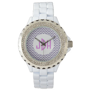 Montre blanche d'émail de monogramme pourpre de