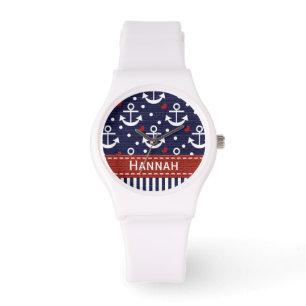Montre Bleu marine personnalisé et Ancre rouge