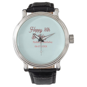 Montre Bleu pastel rouge joyeux 16e anniversaire nom date