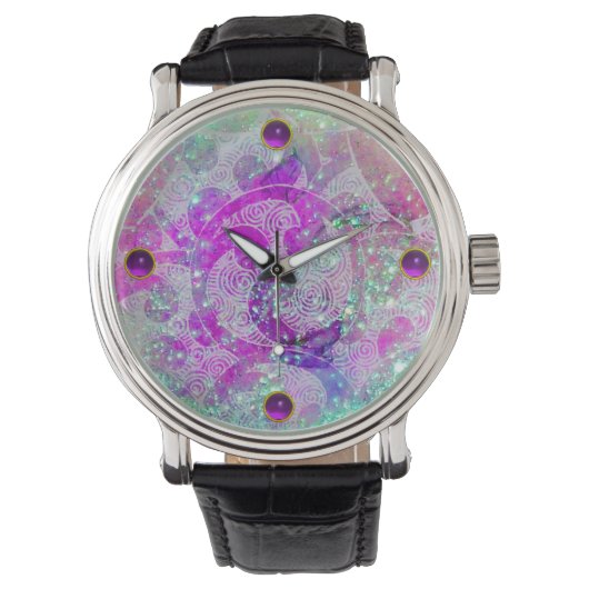 MONTRE BLEU TEINTÉ ABSTRAIT, VAGUES ROSES, ÉTOILES, GEMME (devant)
