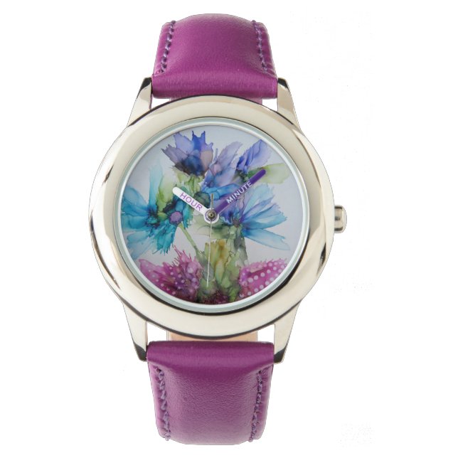 Montre Bleu violet rose vert rose Art Floral (devant)