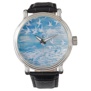 Montre Blue Coast Birds Moderne Aquarelle Art