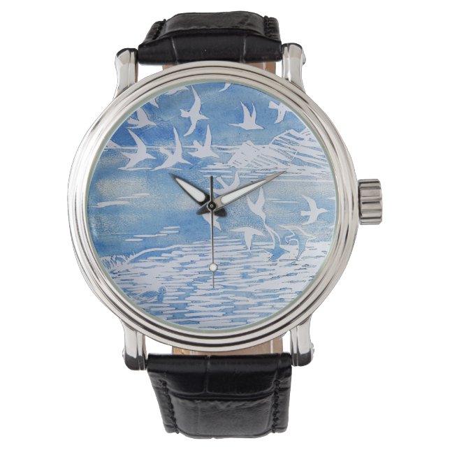 Montre Blue Coast Birds Moderne Aquarelle Art (devant)