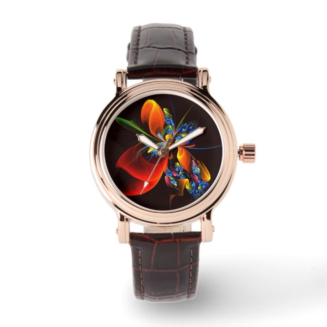 Montre Blue Orange Floral Moderne Art Abstrait Motif #03 (Recto)
