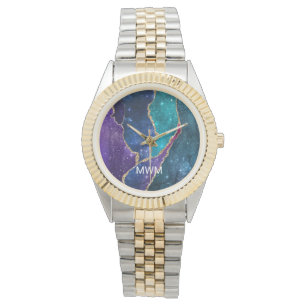 Montre Blue Purple Aqua Gold Veines Agate Monogramme