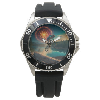 Montre BMX Rider par un lac forestier