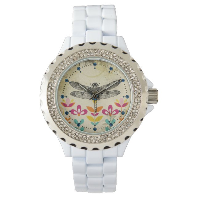 Montre Bohemian Garden Dragonfly Rhinestone Enamel Watch (devant)