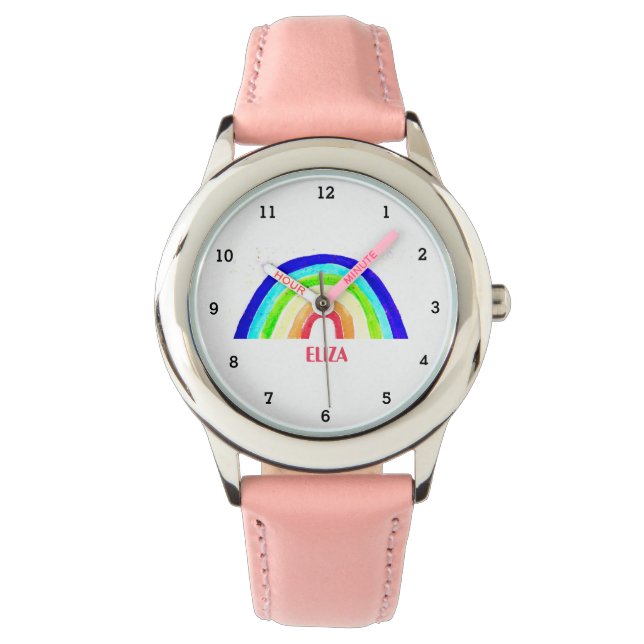 Montre Boho Arc-en-ciel Aquarelle mignonne Filles roses O (devant)