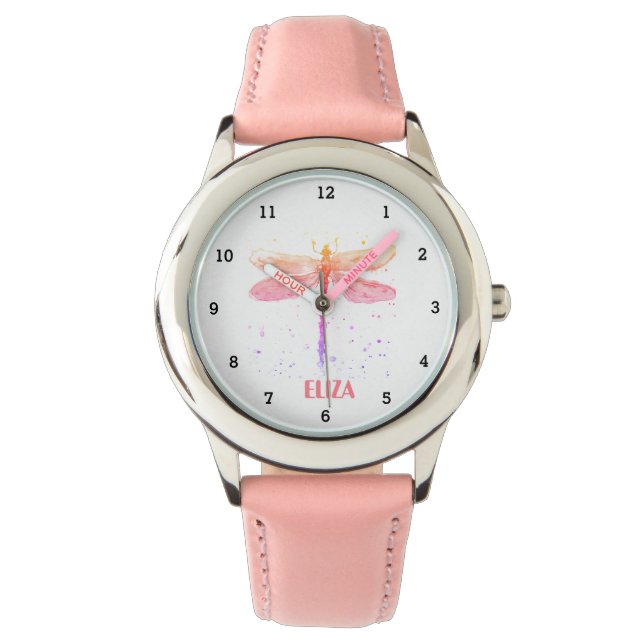 Montre Boho Dragonfly Aquarelle mignonne Girls Rose Paste (devant)