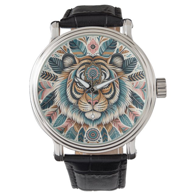 Montre Boho mandala tiger plumes femme (devant)