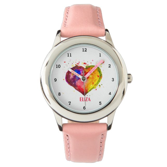 Montre Boho Rainbow Heart Aquarelle mignonne Girls Rose K (devant)