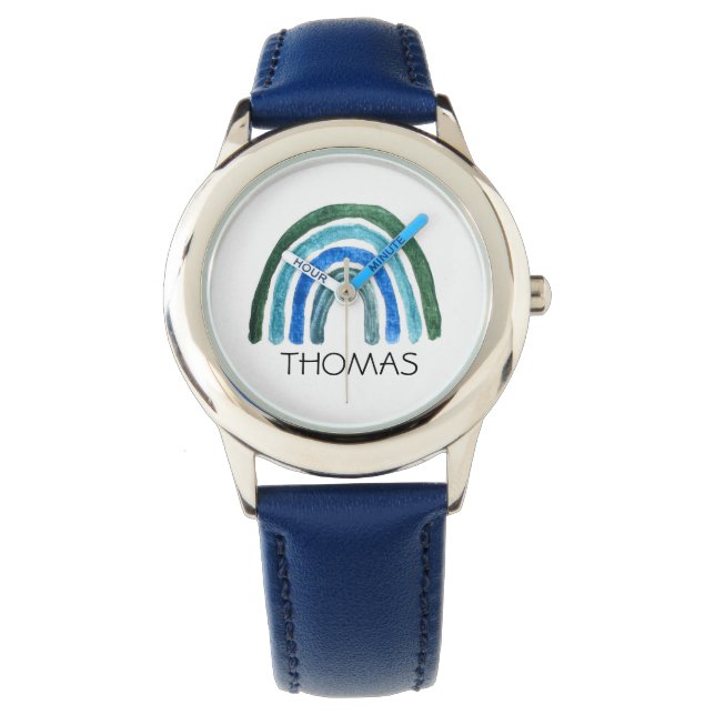 Montre Bois mignon Boho aquarelle arc-en-ciel et nom bleu (devant)