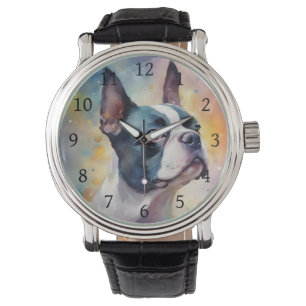 Montre Boston Terrier Digital Watercolor Portrait Chien 1