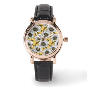 Montre Bouches blanches, fleurs sauvages sur jaune
