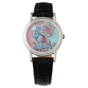Montre Boucle à clé fleurie Rose Budgie Budgies bleu