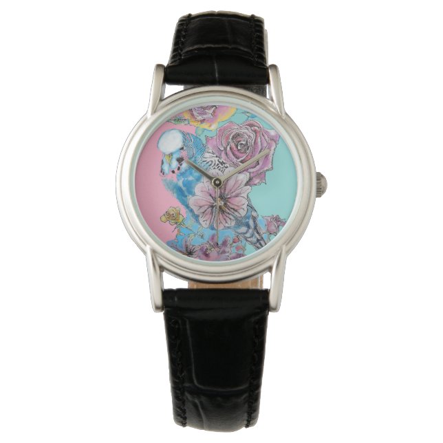 Montre Boucle à clé fleurie Rose Budgie Budgies bleu (devant)