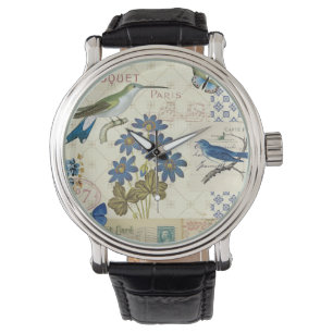 Montre Bouquet de fleurs bleues, d'oiseaux et de papillon