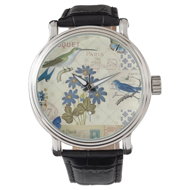Montre Bouquet de fleurs bleues, d'oiseaux et de papillon (devant)