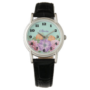 Montre Bouquet de fleurs d'aquarelle Nom personnalisé