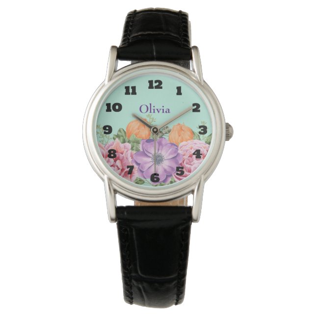 Montre Bouquet de fleurs d'aquarelle Nom personnalisé (devant)