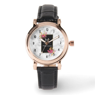 Montre Bouquets de coin rose floral sur cadre noir person