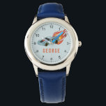 Montre Boys Blue Hot Flames & Racing Car Kids<br><div class="desc">La conception de la montre de ce garçon cool est dotée d'une voiture de course bleue avec roues noires et flammes chaudes, numéros, et a lieu pour vous d'ajouter votre nom d'enfant dans la simple typographie. Le cadeau parfait pour tous les amateurs de voitures de course. Consultez le reste de...</div>