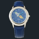 Montre Boys Cute Blue Rocket Ship Space and Name Kids<br><div class="desc">Cette jolie montre pour enfants présente un magnifique et coloré vaisseau-fusée tiré à la main dans l'espace. Ce design bleu unique dispose également d'un endroit où vous pouvez ajouter votre nom de garçon. Avec des chiffres faciles à lire, ce design est parfait pour votre bébé ou la première montre de...</div>