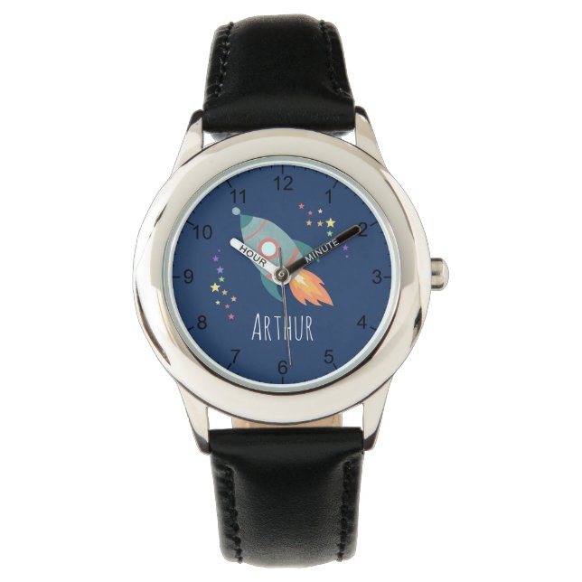 Montre Boys Cute Rocket Ship Caricature & Nom Enfants (devant)