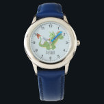 Montre Boys mignon Dragon Vert Cartographie & Nom Enfants<br><div class="desc">Cette jolie montre bleu moderne pour enfants présente un adorable dragon vert et a de l'espace pour vous d'ajouter votre nom de garçon. Avec des chiffres clairs et faciles à lire, cette "première" montre est idéale pour les enfants ou les tout-petits qui commencent à apprendre l'heure. Le design parfait sur...</div>