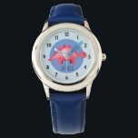 Montre Boys Red Watercolor Dinosaur et nom Enfants<br><div class="desc">Ce jeune enfant mignon montre design dispose d'un dinosaure d'aquarelle rouge peint à la main avec un arrière - plan bleu,  et peut être personnalisé avec le nom de votre garçon. Idéal pour la première montre d'un enfant passionné de dinosaure. Découvrez notre magasin pour d'autres modèles magnifiques !</div>