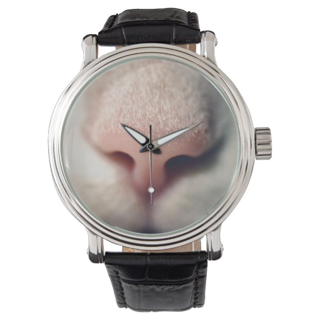 Montre Bracelet en cuir Vintage chaton blanc soyeux (devant)