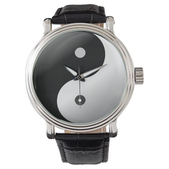 Montre bracelet en cuir Vintage noir Yin yang. (devant)