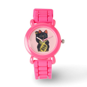 Montre-bracelet noire de chat de Maneki Neko