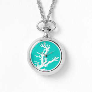 Montre Branche de corail - blanc sur turquoise