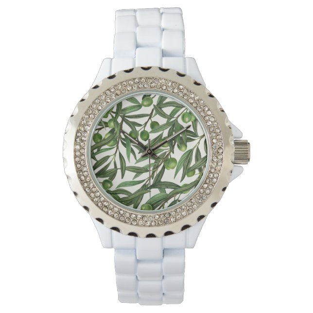 Montre Branches d'olive sur blanc (devant)