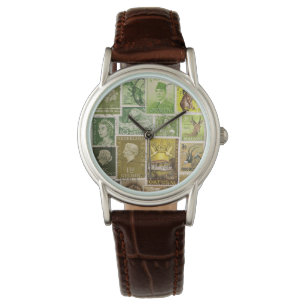 Montre Brown verte, art de collage de timbre-poste