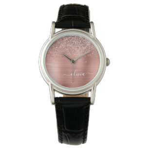 Montre Brushed metal rose Gold Pink Glitter Monogram