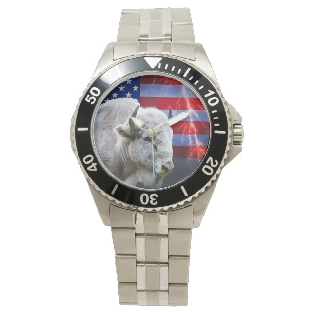 Montre Buffle Blanc Avec Drapeau Américain Et Éclair (devant)