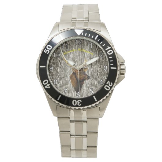 Montre Bull Elk sur Rustic Wood arrière - plan (devant)