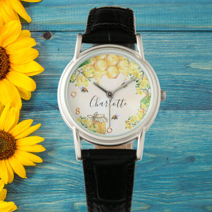 Montre Bumble abeilles miel fleurons jaunes nom monogramm